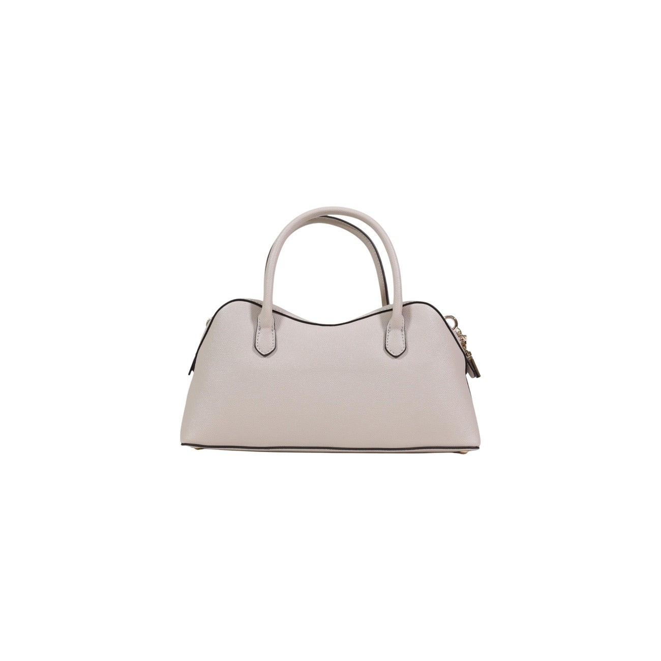 Borsa Guess Davina Satchel Beige; 100% Poliuretano. Dettagli dorati, charm logati, tracolla removibile. Borsa a mano donna elegante e strutturata. Vista posteriore 