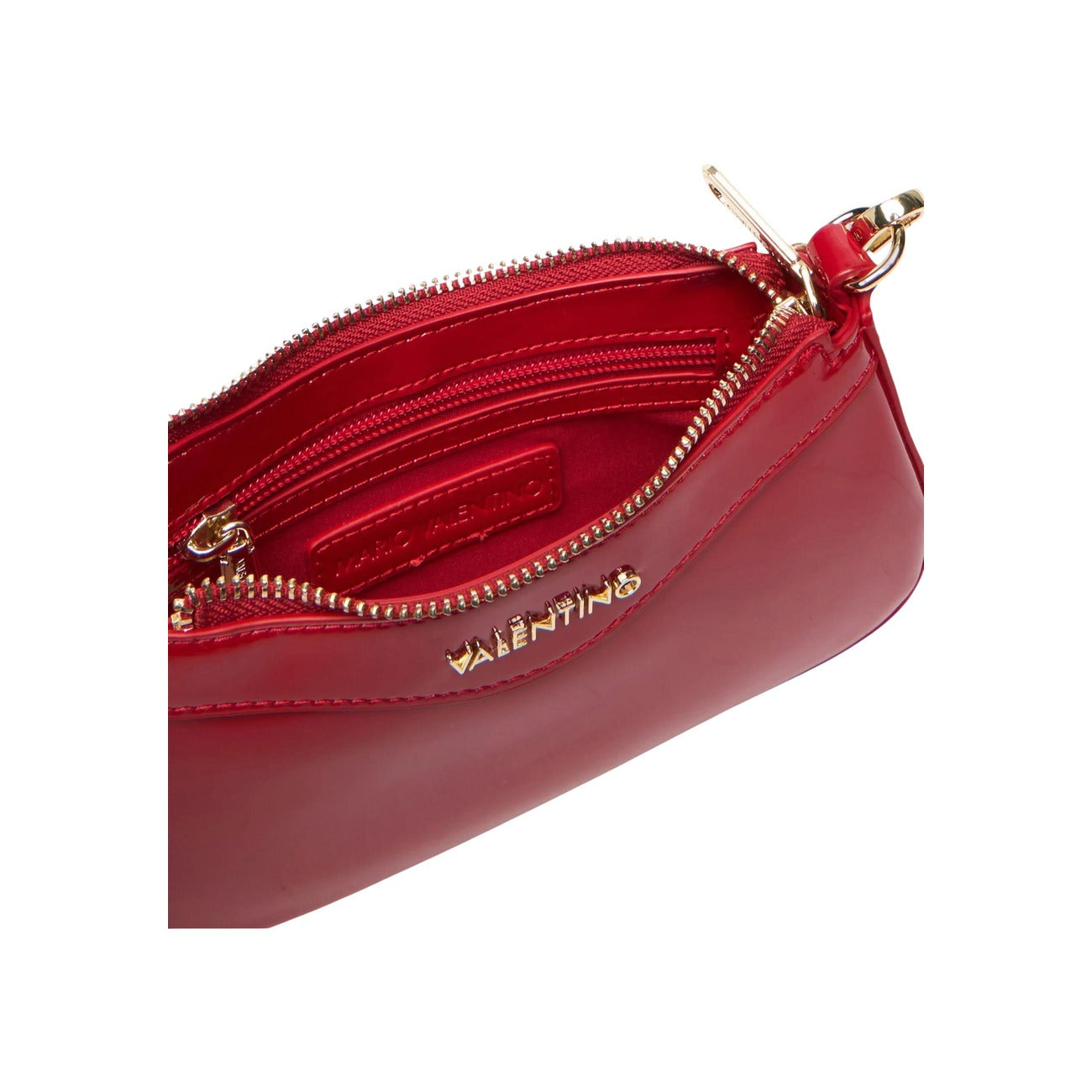 Borsa Piccola Rossa Donna Valentino Bags Elly; Misure 20x10x4 cm. Tessuto 100% poliuretano lucido verniciato stile baguette con zip. Tracolla corta a catena in metallo dorato logato, stile elegante 4 stagioni. Vista aperta 