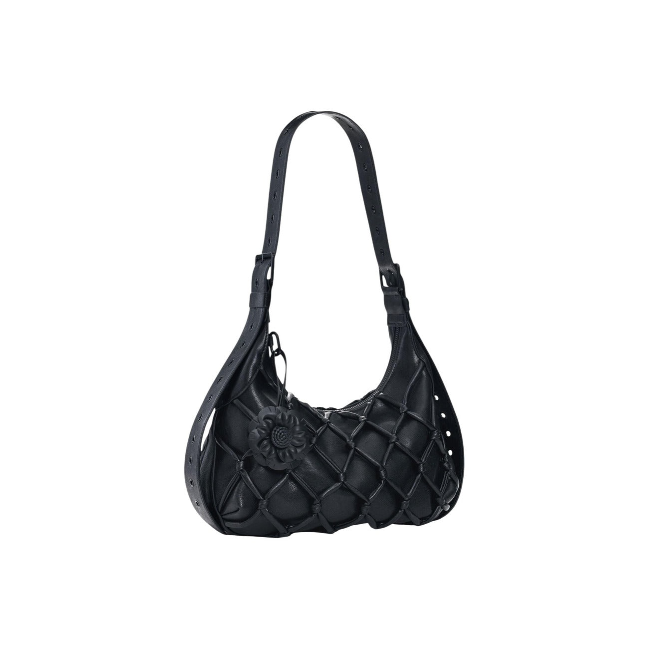 Borsa piccola con tracolla estensibile, applicazione a fiore e dettagli di linee in stile red, con effetto pelle a forma di rombo. Vista frontale laterale 