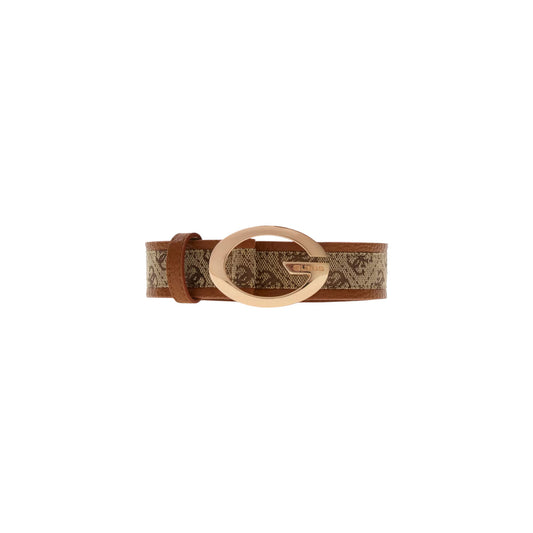 Cintura Beige Donna Guess Camden; Altezza 4 cm, lunghezza 93 cm. Tessuto 100% poliestere con motivo monogramma centrale, bordi rifiniti e fibbia ovale in metallo dorato con logo in rilievo. Stile 4 stagioni. Vista frontale 