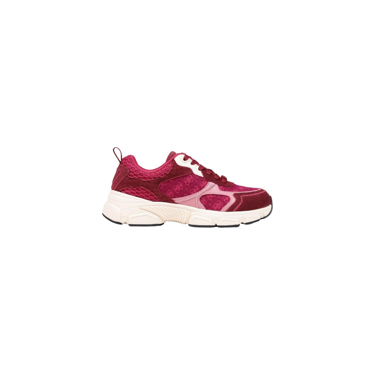 Sneakers Guess donna rosse platform modello INDYE2 FLTID2. Scarpe sportive da donna rosse con zeppa 4 cm, mesh geometrico e camoscio stile urban culture, casual e streetwear.