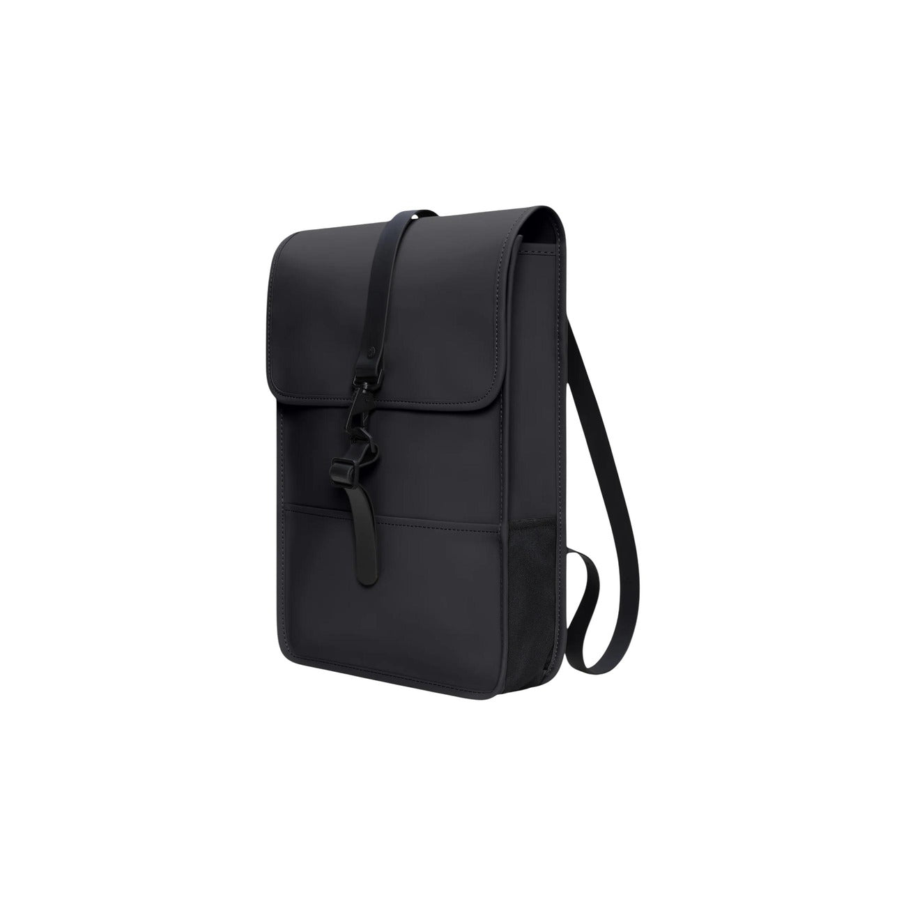 Zaino Rains Puffed Backpack Mini nero impermeabile 13020. Zainetto imbottito porta PC 13 pollici in tessuto idrorepellente opaco con chiusura a moschettone e tasca per telefono, zaino casual e moderno per la pioggia.