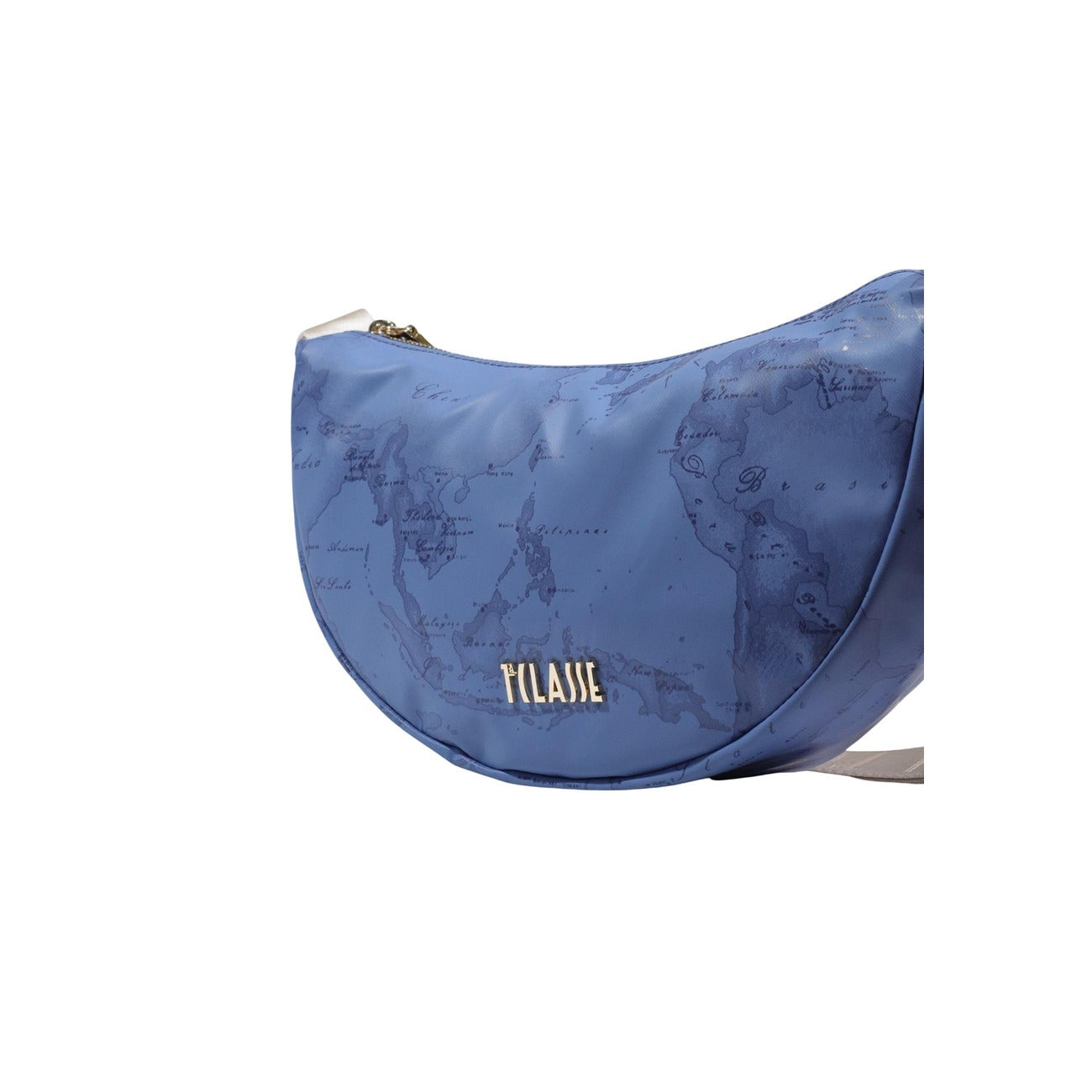 Borsa Alviero Martini Blu; Stampa Geo bicolore. Tracolla regolabile con logo, chiusura con cerniera, materiali resistenti. Dimensioni mini 17x6x6 cm. Accessorio versatile e contemporaneo per ogni stagione. Vista logo 