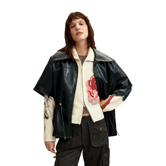 Giacca poncho nera donna Desigual effetto pelle – Poncho similpelle con colletto e coulisse Desigual 26WAIP022000U.