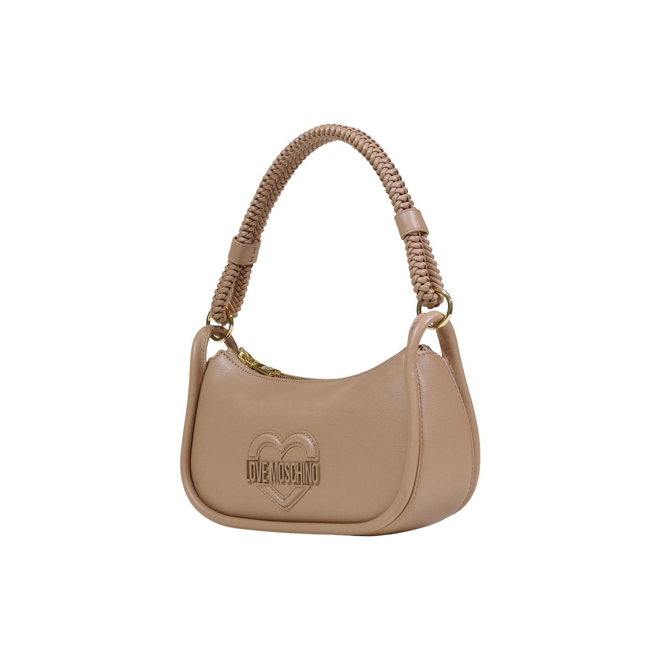 Borsa Love Moschino donna beige a tracolla modello JC4098PP1. Borsetta piccola a spalla color nude/sabbia con manico a treccia, struttura rigida, logo con cuore in rilievo sul davanti e zip, stile casual chic ed elegante.