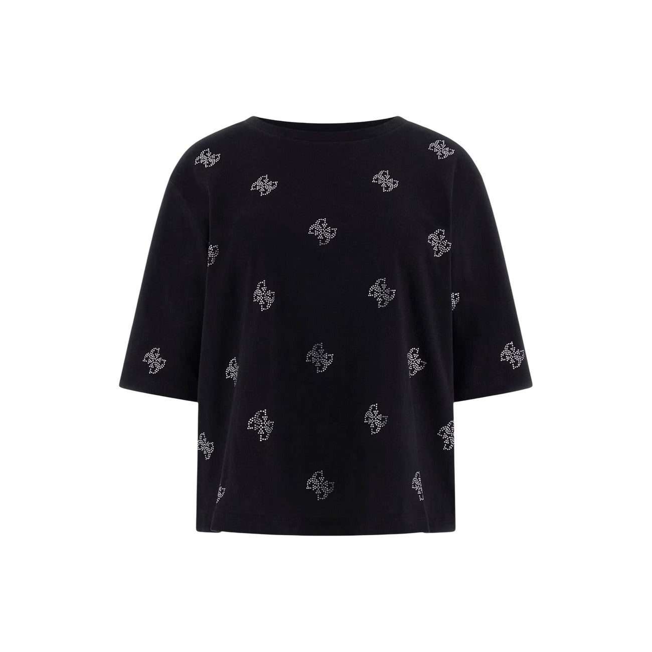 T-shirt Guess Silvy Nera; 100% Cotone. Motivo 4G con microstrass, vestibilità ampia (wide fit), scollo tondo. Capo versatile della linea Guess, stile glamour-casual. Vista stesa 