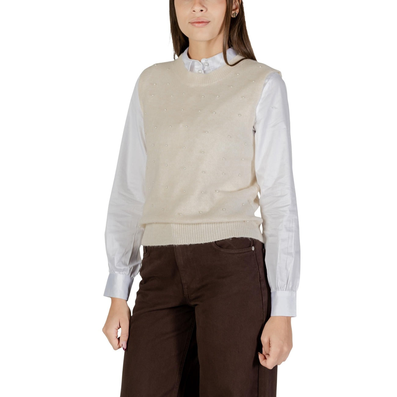 Only Gilet Donna Beige Smanicato Scollo Tondo - Gilet Poliestere Lana Elastan