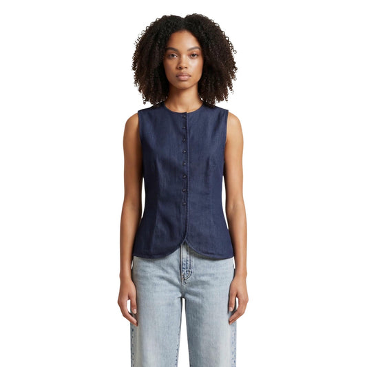 Gilet Only Onlashby in denim stretch, chiusura con bottoni e linea sagomata; capo versatile in cotone e poliestere, perfetto per outfit casual-chic e layering. Vista frontale 