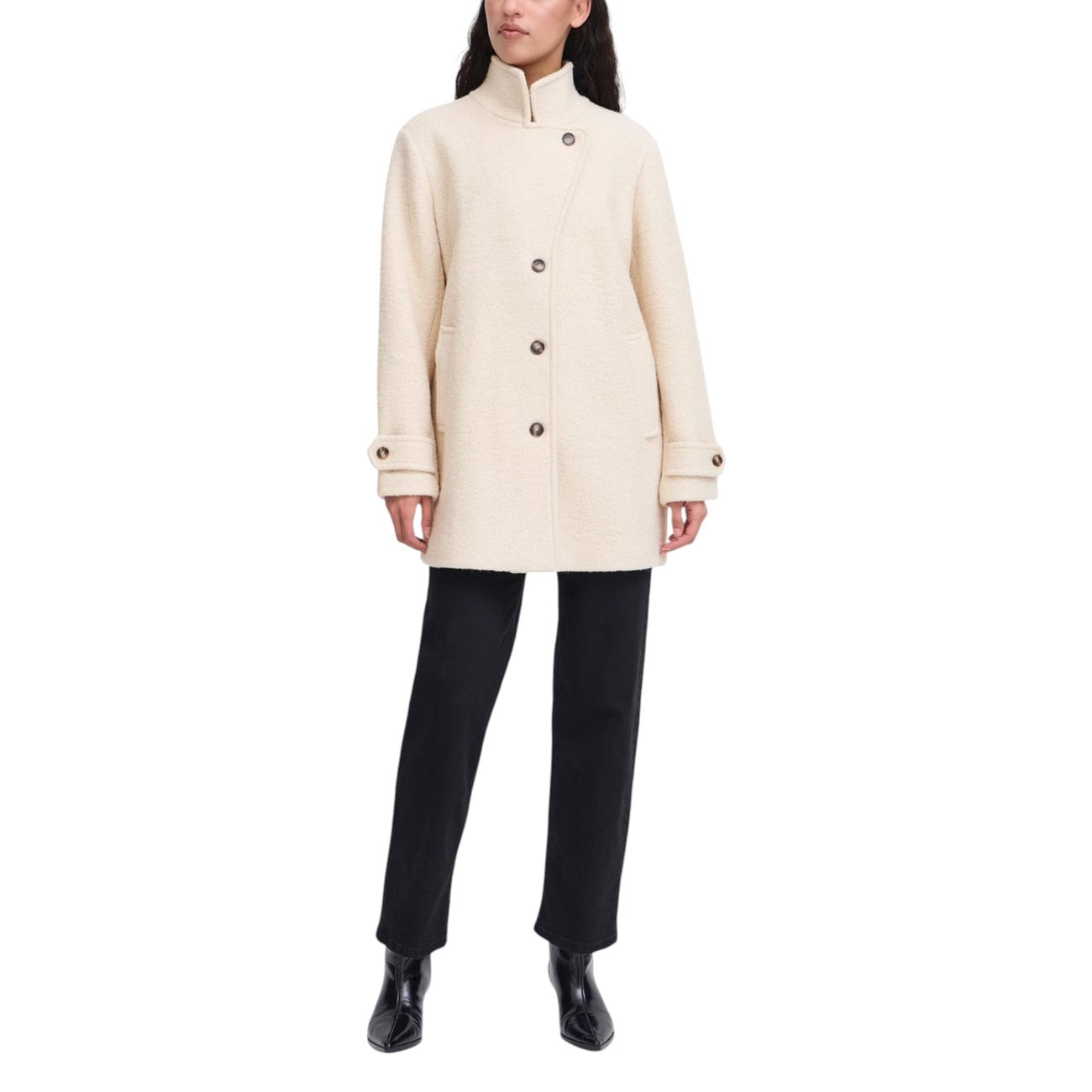 Ichi Cappotto Donna Bianco con Bottoni Maniche Lunghe - Cappotto Lana Poliestere Tasche