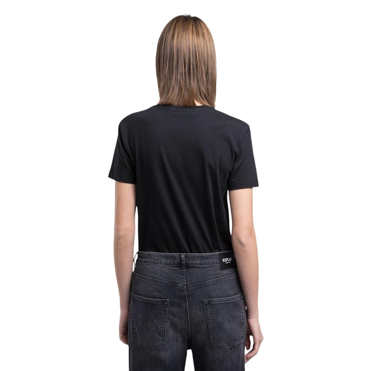 Replay W3566B.000.2660, t-shirt nera regular da donna in cotone; maglia a maniche corte con ricamo iconico, stile essenziale e versatile per ogni stagione. Vista posteriore 