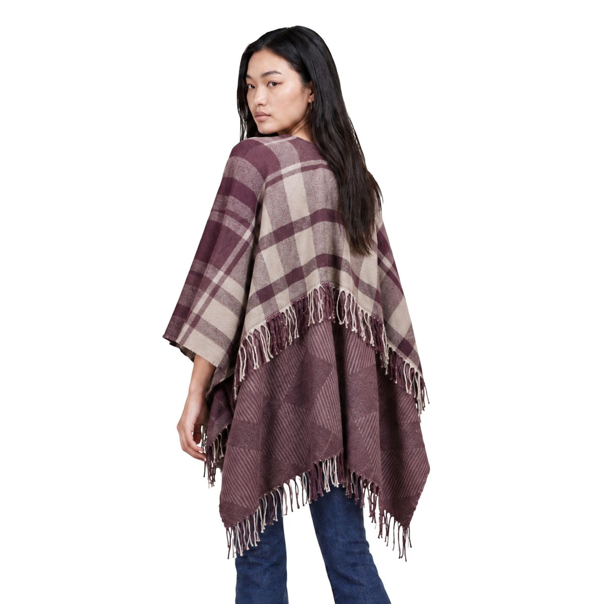 Poncho coprispalle donna Pieces bordeaux beige – Mantella a quadri scozzese con frange 17166846.