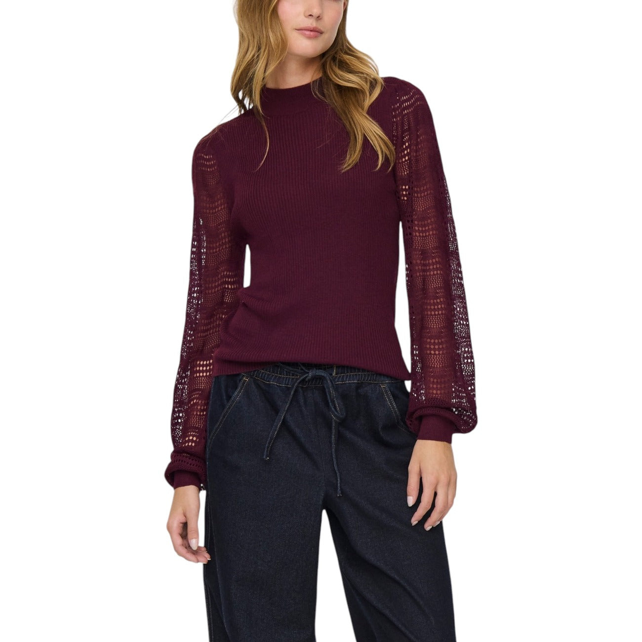 Only Maglia Donna Bordeaux Maniche Lunghe - Maglia Modal Poliestere Viscosa Scollo Tondo