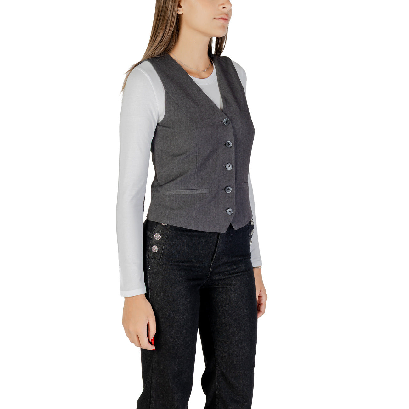 Only Gilet Donna Grigio Smanicato Bottoni Scollo V 80% Poliestere 15% Viscosa 5% Elastan Autunno/Inverno 15331287
