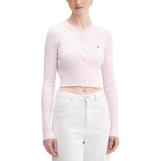 Cardigan Tommy Hilfiger Jeans donna rosa con bottoni manica lunga scollo a V 60% cotone 40% acrilico - vista frontale indossata da modello figura intera
