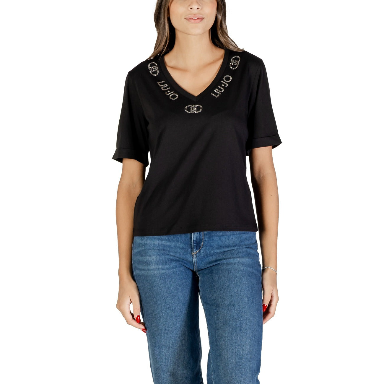 Liu Jo T-Shirt Donna Nera Stampa Strass Manica Corta Scollo a V 100% Cotone Primavera/Estate TF5143 JS003