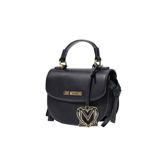 Borsa Love Moschino donna nera a mano e tracolla modello JC4057PP. Borsetta piccola rigida effetto pelle martellata nera con fiocchi laterali, patta e charm dorato con iniziali stile elegante, romantico e da sera.