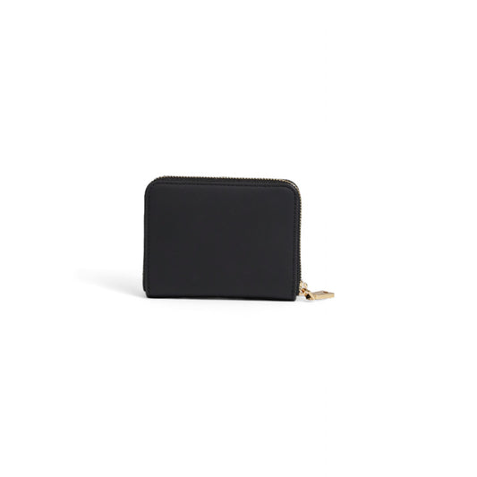 Portafoglio Love Moschino donna nero piccolo modello JC5613PP1. Portafogli compatto quadrato zip-around in ecopelle nera con logo lettering dorato sul davanti, scomparti interni per carte e monete, stile elegante e casual.