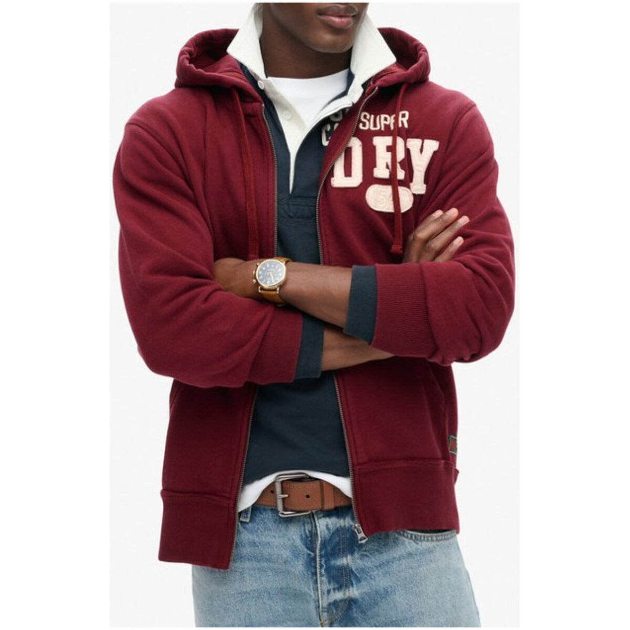 Superdry Felpa Uomo Bordeaux con Zip Cappuccio Stampa Maniche Lunghe Tasche Anteriori Effetto Consumato in Cotone 100% Autunno/Inverno M2014116A