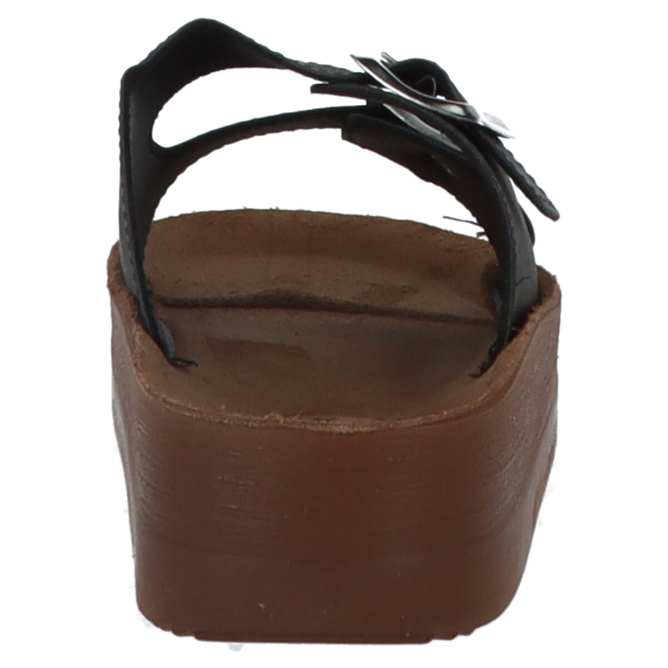 Ciabatte Platform Carrera; Nero e Marrone. Doppia fascia con fibbie regolabili, suola rialzata a contrasto, stile casual-contemporaneo. Leggere, fresche e stabili per la tua estate. Posteriore 