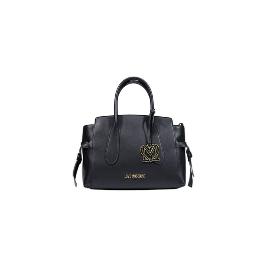 Borsa Love Moschino donna nera a mano modello JC4055PP. Bauletto nero grande con manici corti rigidi, fibbie laterali decorative e ciondolo charm oro con logo, stile elegante, moderno e casual chic per ufficio o giorno.