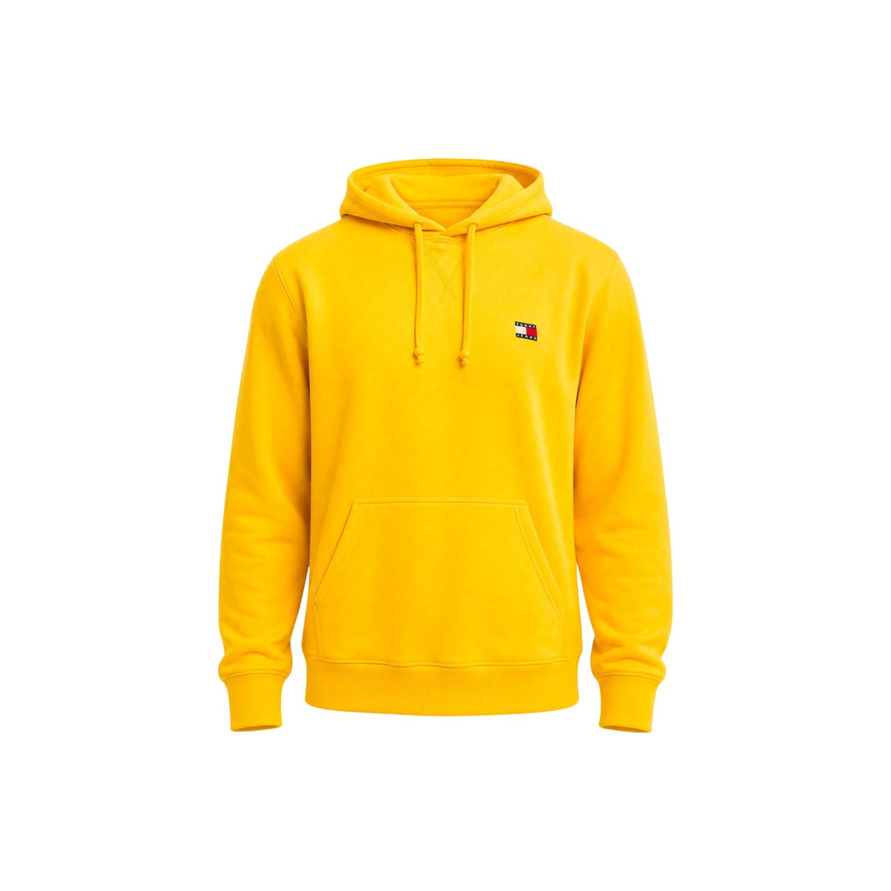 Felpa Tommy Hilfiger Jeans uomo gialla con cappuccio DM0DM23606. Felpa in misto cotone felpato con tasca a marsupio frontale, lacci regolabili e distintivo logo Tommy sul petto, abbigliamento casual uomo autunno inverno.