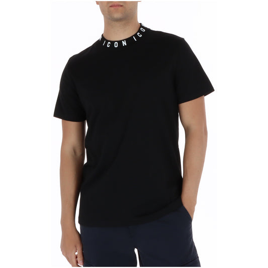 T-shirt ICON IUT042; 100% cotone nero. Collo a lupetto con logo a contrasto, vestibilità over/regular, maniche corte. Maglia maschile moderna, fresca e di tendenza.