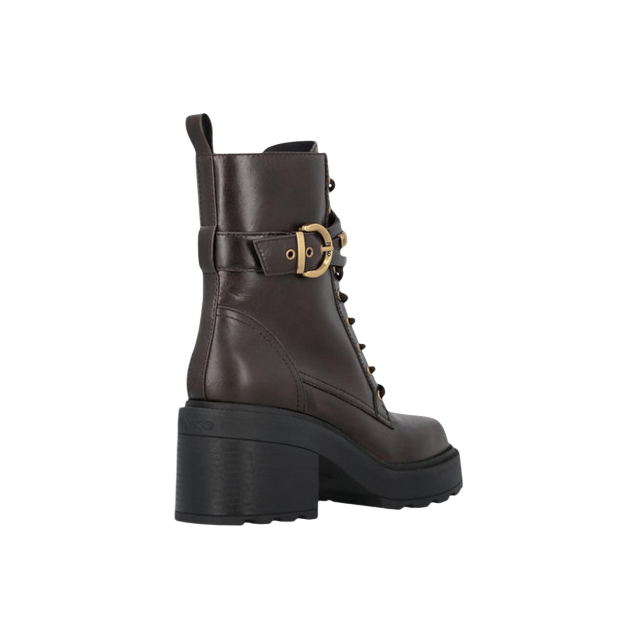 Stivaletti Pinko ALTEA 01 marroni donna SD0549P001. Anfibi in pelle marrone con suola platform da 6 cm, allacciatura frontale, cinturino con fibbia dorata e logo Pinko, stivali casual mezza stagione autunno inverno.