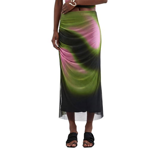 Gonna tubino Desigual donna nera fantasia astratta FAL CRACOVIA. Gonna elasticizzata al ginocchio con motivi verdi e viola, vestibilità aderente e zip sul retro, abbigliamento donna autunno inverno.