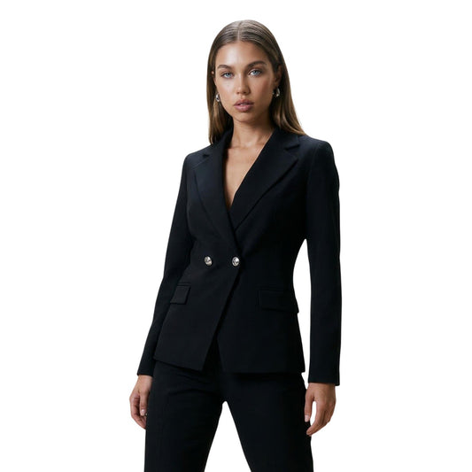 Blazer Doppiopetto I AM; 88% Poliestere, 12% Elastan. Nero, Slim Fit, bottoni gioiello, revers a lancia. Giacca donna elegante, leggera e stretch, Made in Italy.