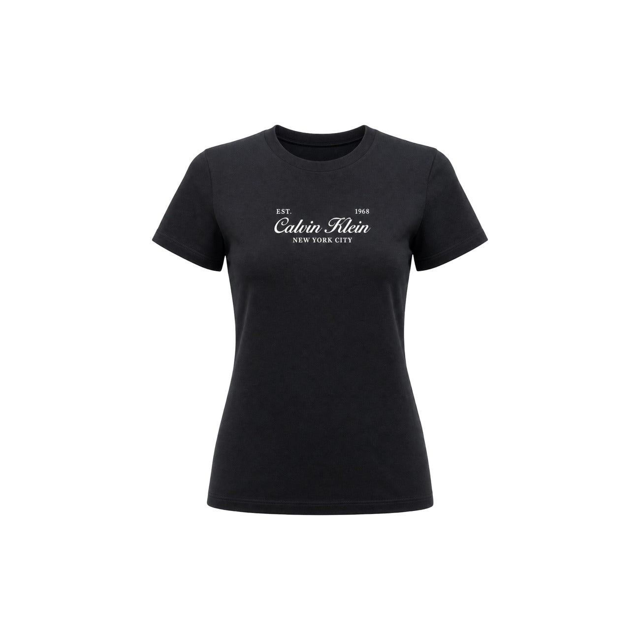 T-shirt Donna Nera Calvin Klein Jeans; 100% Cotone. Taglio regular fit, maniche corte e scollo tondo. Stampa frontale a contrasto logo 'Est. 1968 New York City', tessuto leggero stile casual-urban. Vista frontale stesa 