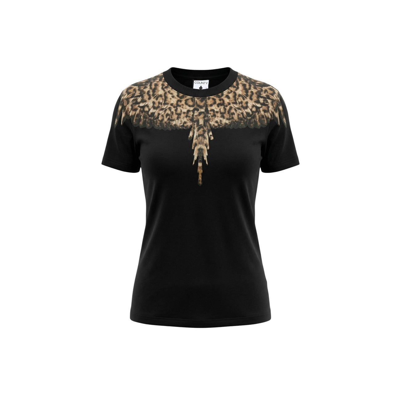 T-shirt County of Milan Animalier; 100% Cotone. Grafica animalier su spalle e collo, vestibilità regular. Maglia donna iconica, fresca e di tendenza per la PE26. Vista frontale stesa 