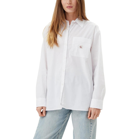 Calvin Klein Jeans Camicia Donna Bianco Bottoni Manica Lunga Scollo Tondo Tasca Cotone Elastan Autunno Inverno LV047C143G