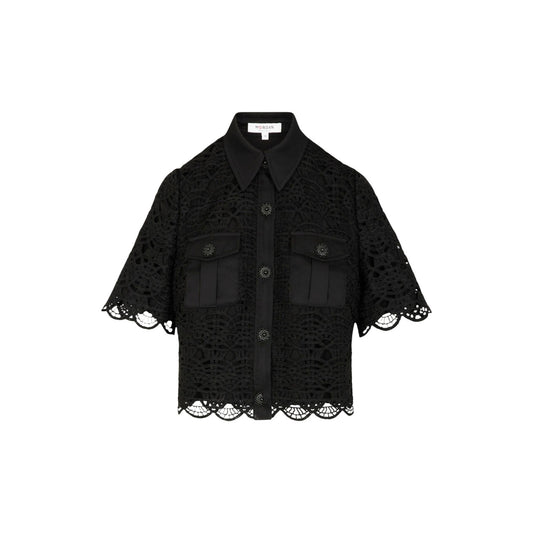 Camicia Pizzo Morgan De Toi; Nero. Tessuto traforato, bottoni gioiello, vestibilità wide fit. Maniche corte con bordo smerlato e tasche decorative. Elegante, leggera e ricca di dettagli preziosi. Vista stesa 
