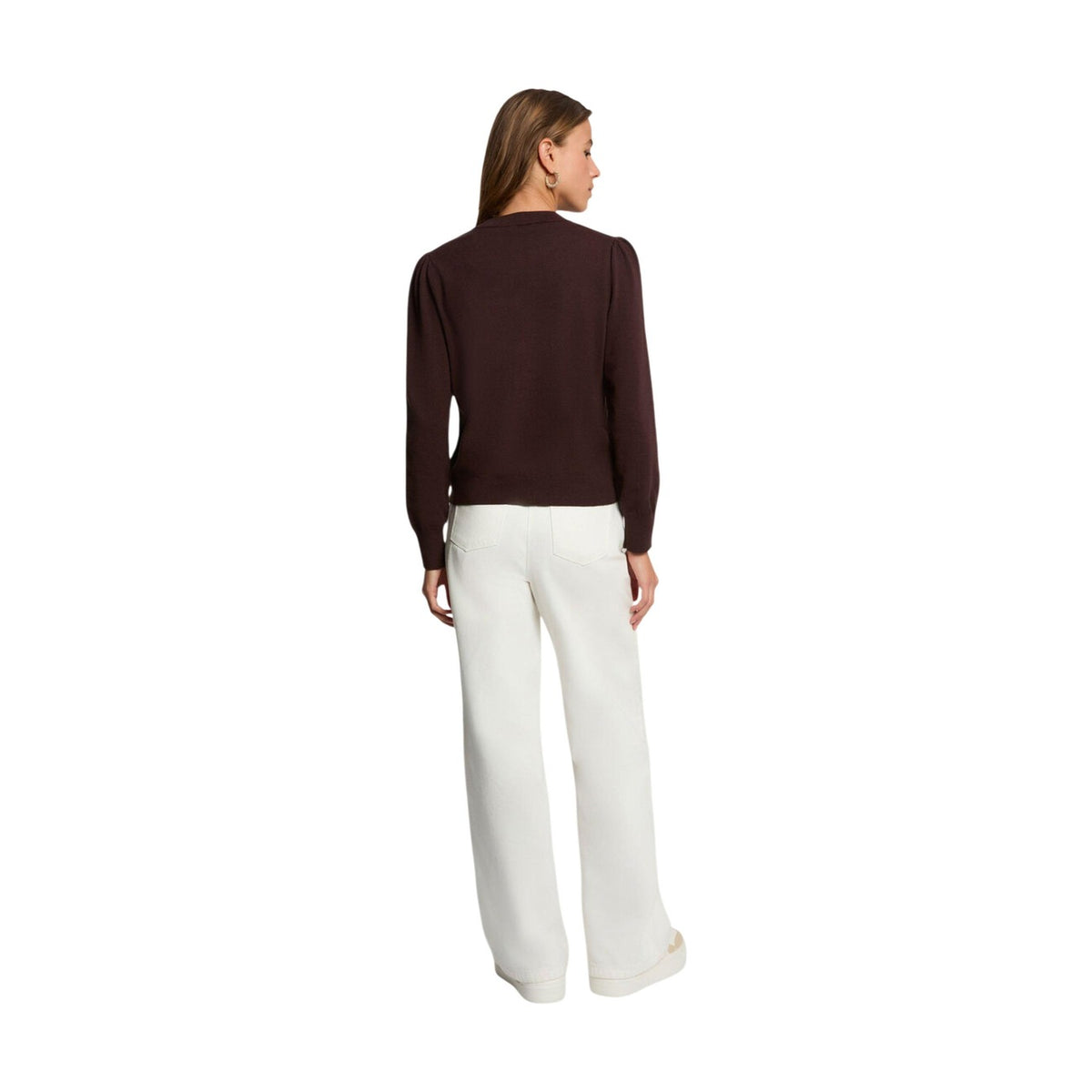 Cardigan donna con bottoni gioiello Morgan De Toi 262-MKNOT. Maglia girocollo in viscosa sostenibile e poliammide a maniche lunghe con dettagli arricciati sulle spalle.