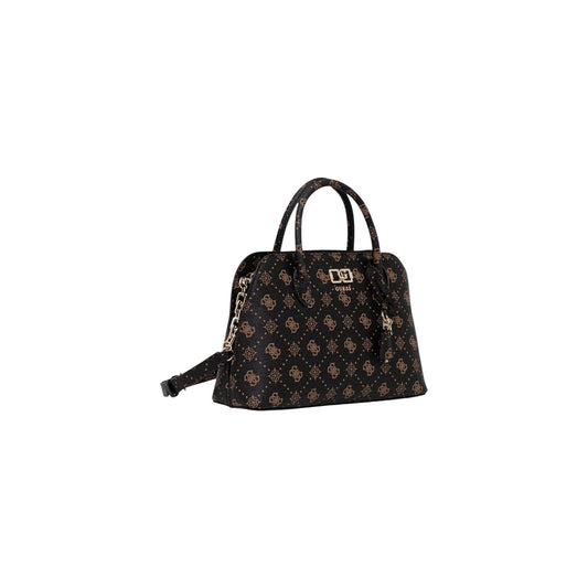 Borsa Shopping Nera Donna Guess Camden Decor Vintage; Similpelle nera con chiusura a zip, tasche interne e minuteria in bronzo antico. Doppi manici e logo metallico frontale, stile elegante autunno-inverno. Vista frontale 
