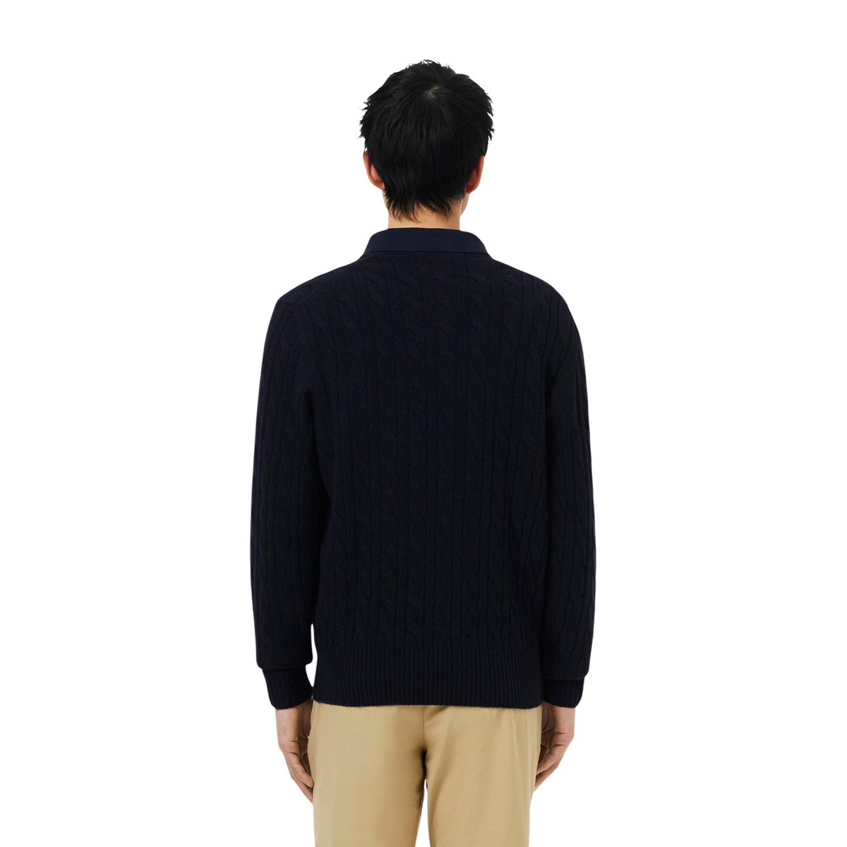 Maglione lana trecce uomo Lacoste AH2924-00. Pullover invernale pesante in lana girocollo blu e verde con bordi a coste e logo coccodrillo Lacoste.