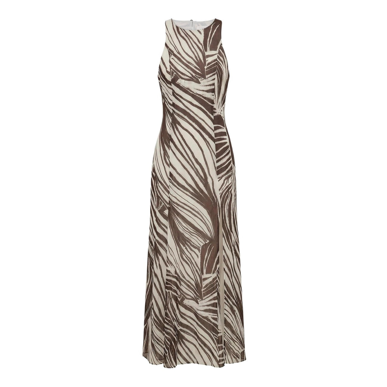 Guess Serafina Mesh Dress; 93% Poliestere, 7% Elastam. Stampa astratta, scollo rotondo, spacco profondo. Abito lungo donna aderente e flessibile per la stagione PE26. Vista frontale stesa 