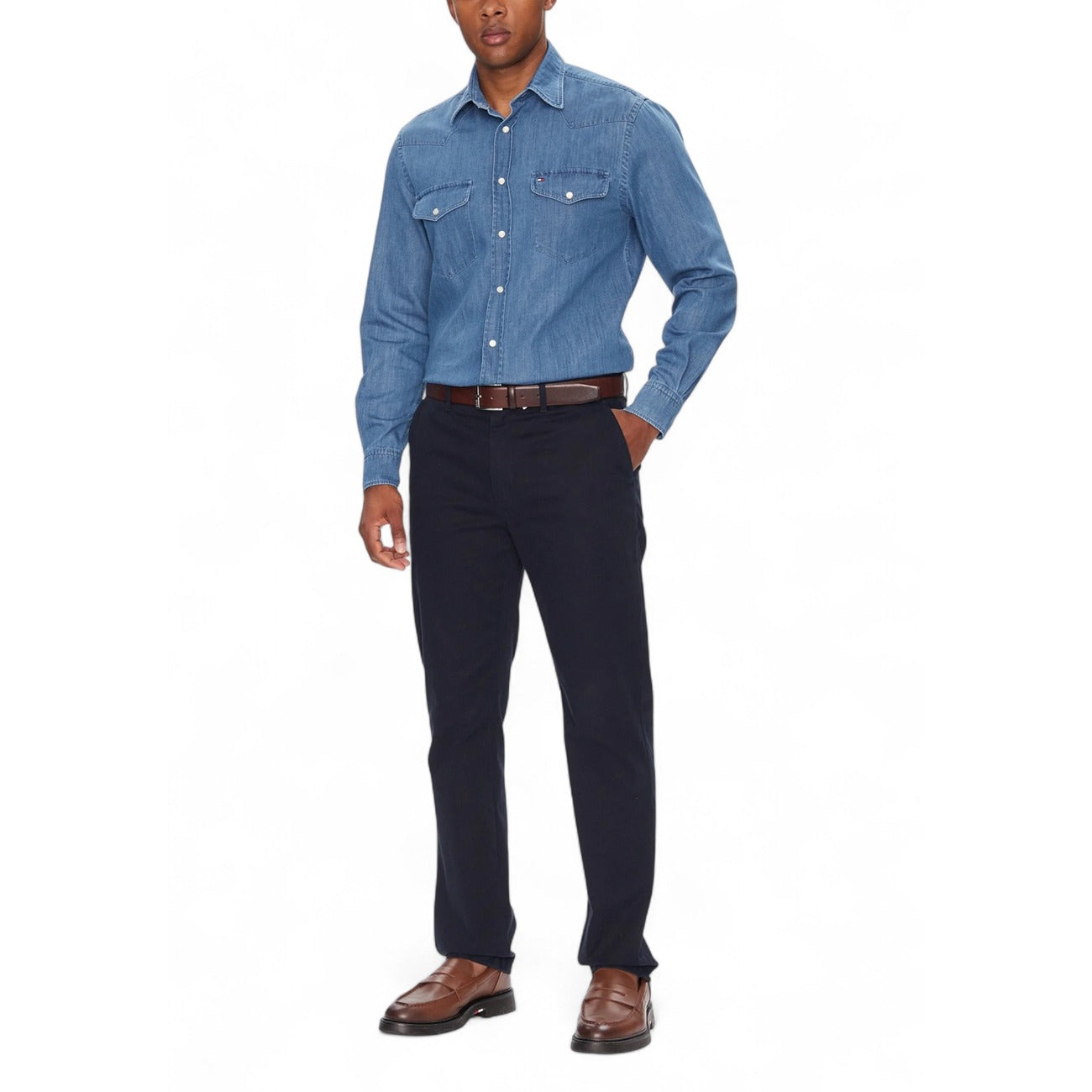 Tommy Hilfiger Camicia Jeans Uomo Azzurra Manica Lunga - Camicia Denim Bottoni Tasche Cotone