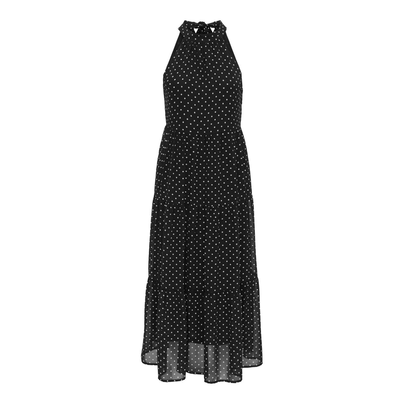 Abito Lungo Donna Nero a Pois Only; Vestito smanicato oversize con scollo all'americana, chiusura con zip e dettaglio fiocco. Tessuto leggero e fluido quattro stagioni, stile casual-elegante per eventi. Vista stesa frontale 