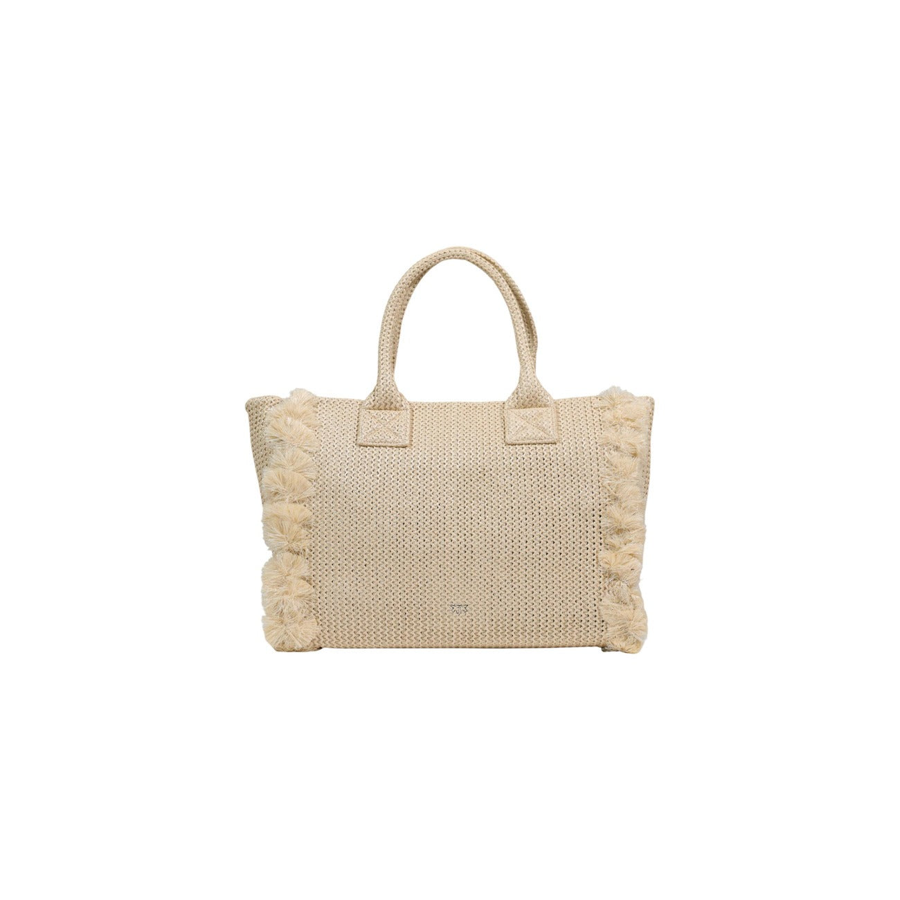 Shopper Pinko Beach Rafia; Texture intrecciata, logo ricamato, dettagli con frange. Borsa grande estiva con manici a spalla. Leggera, capiente e di tendenza. Vista posteriore