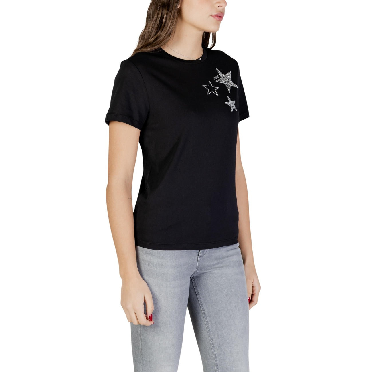 T-shirt Liu Jo donna bianca maniche corte scollo tondo - vista frontale laterale indossata da modello figura intera