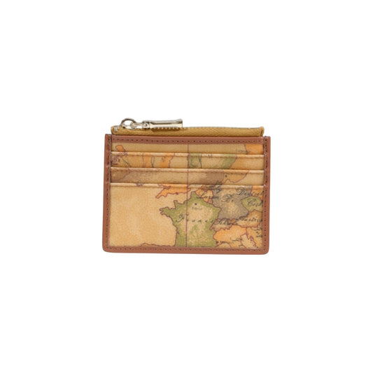 Portacarte Alviero Martini Prima Classe donna Geo Classic C W373 6000. Mini portafoglio slim beige con mappa geografica, fessure per carte di credito e tasca con zip per monete, accessorio da borsa elegante e compatto 4 stagioni.