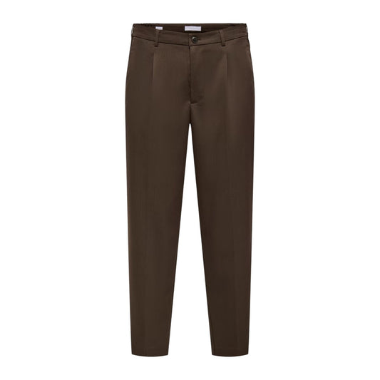 Pantaloni eleganti marroni uomo Only & Sons Onsmiro 22035160. Pantaloni da cerimonia e formali in poliestere riciclato e viscosa con taglio sartoriale, pinces, chiusura con zip e bottone.