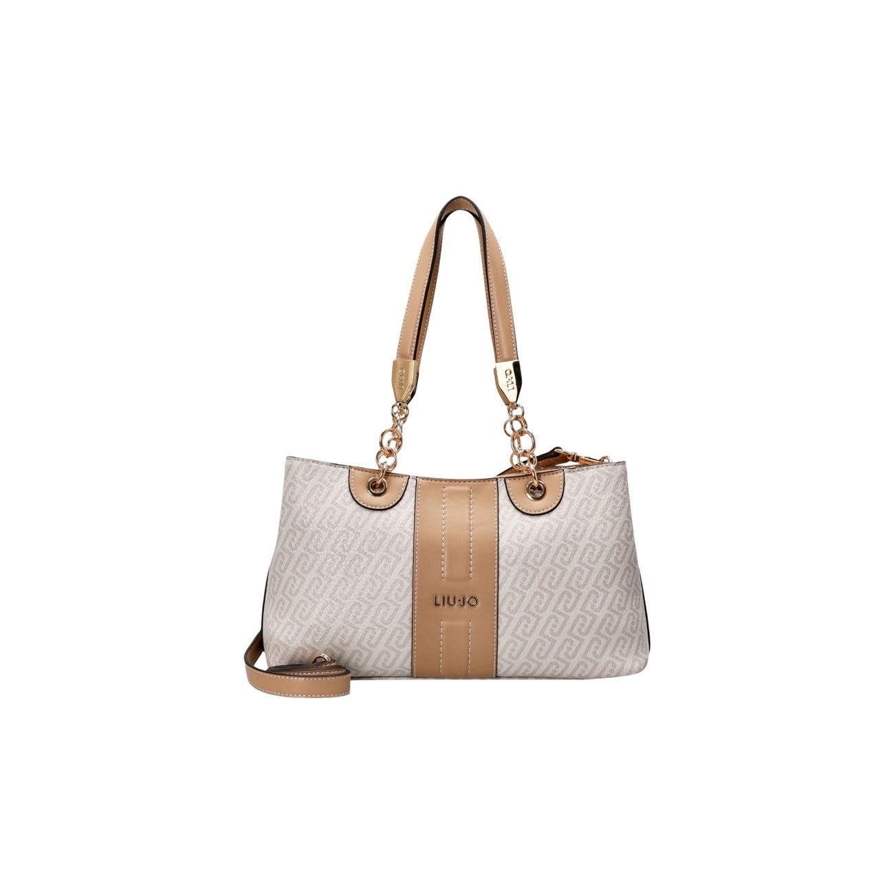 Borsa Liu Jo S Tote Catena; 100% Poliuretano. Motivo monogram, manici a catena dorata, dettagli gold. Borsa media strutturata, elegante e versatile.
