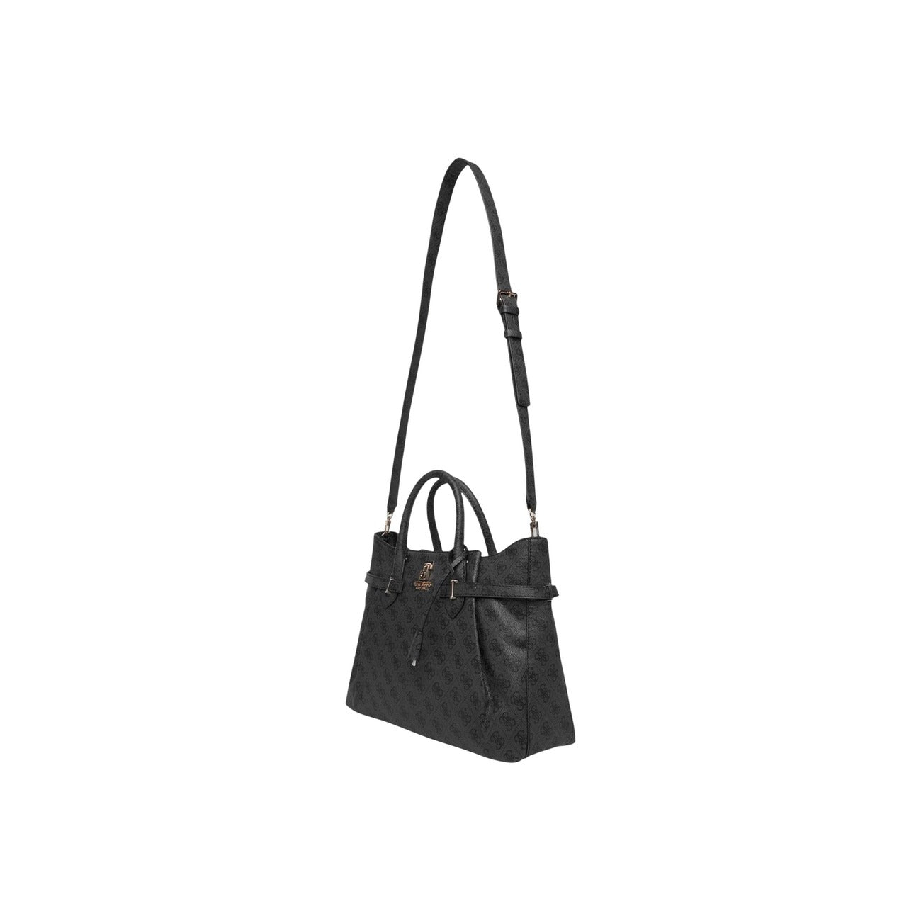 Borsa Guess Yesba Girlfriend Satchel Grigia; 100% Poliuretano. Stampa logo 4G, dettagli gold, multitasche. Borsa a mano e tracolla donna dallo stile raffinato. Vista con tracolla 