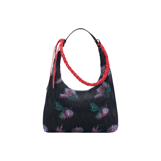 Borsa Ovale Donna Desigual SS26; Nero Multicolor. 100% Poliestere effetto pelle testurizzata, stampa a fiori astratti, chiusura con zip e tracolle intercambiabili. Misure medie e capienti (35x28 cm), stile originale. Frontale 