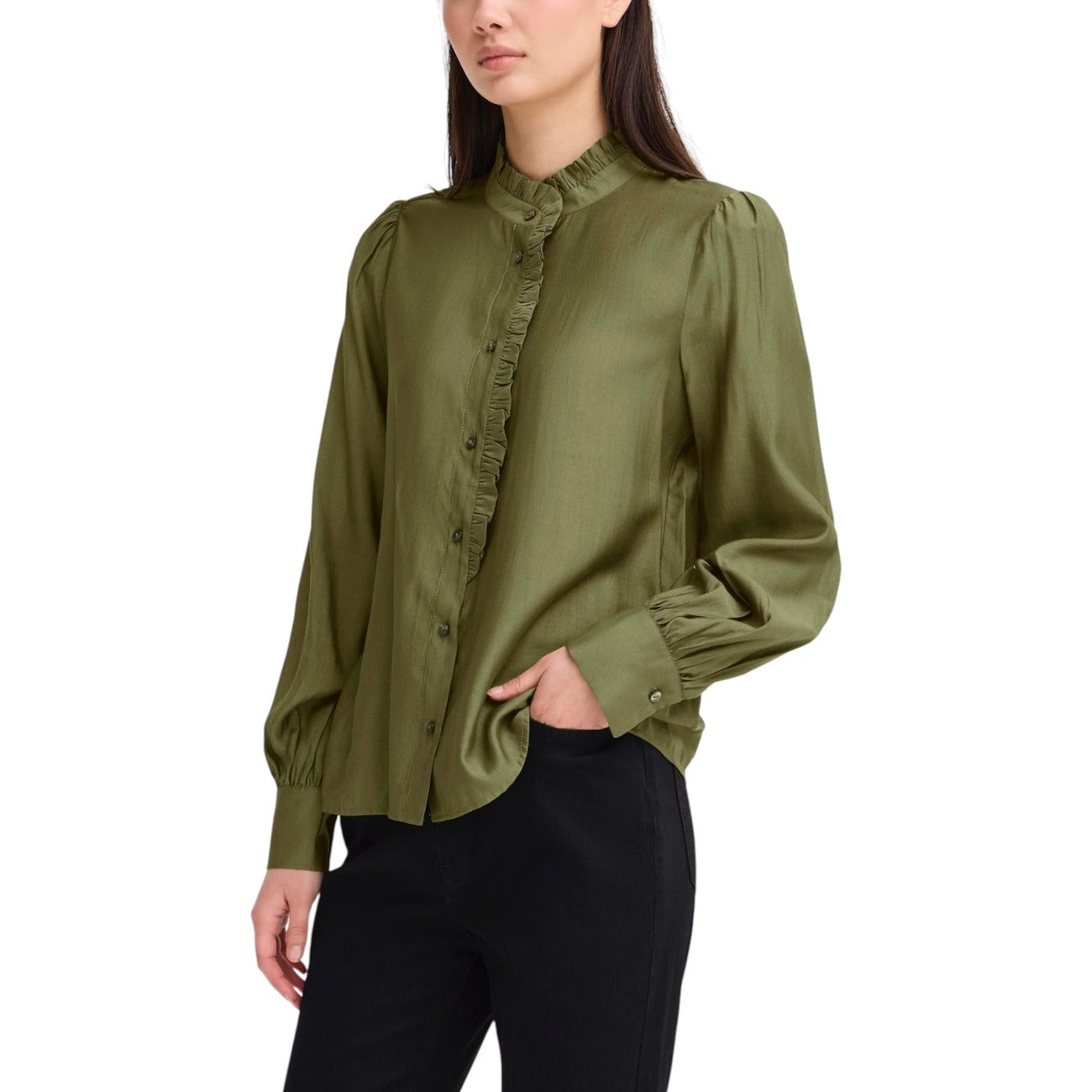 Ichi Camicia Donna Verde Maniche Lunghe - Camicia Viscosa Bottoni Colletto Coreana