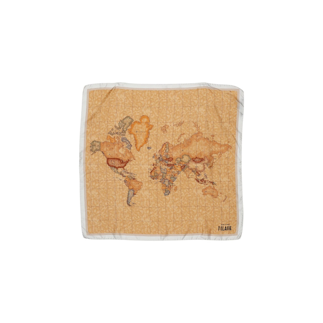 Foulard Alviero Martini 3270 ALOE; 100% seta, stampa Geo iconica. Un accessorio must-have per un look sofisticato ed elegante. 70x70 vista aperta Stesa 