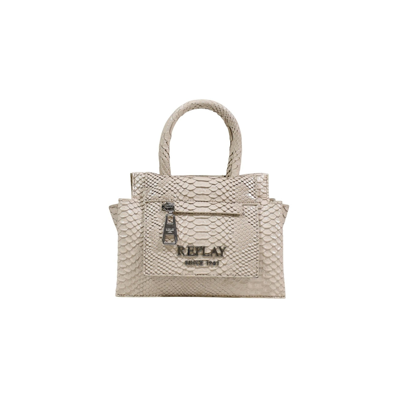 Borsa Replay Effetto Pitone; 100% PVC, manici arrotondati, tasca zip frontale, logo metallico. Compatta, resistente e dallo stile unico. Vista frontale 