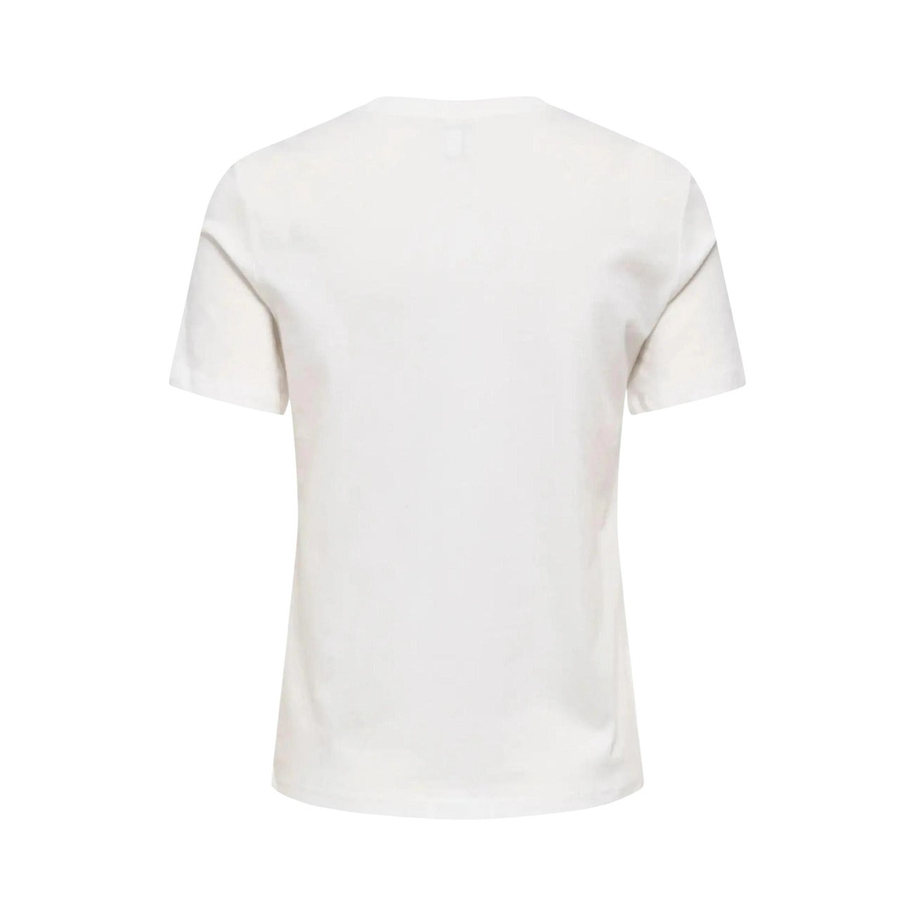 ONLY Onlmira Life Emb Tee; bianca, cotone biologico, ricamo "Agosto amor mio". La t-shirt versatile e sostenibile dal tocco romantico. Vista posteriore 